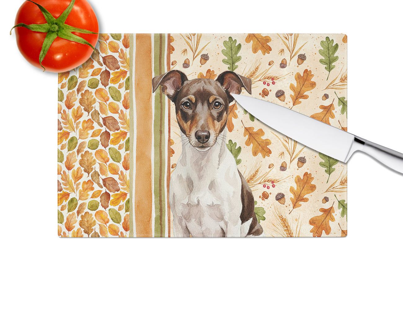 Chocolate and White Rat Terrier Heirloom Fall Cutting Board Tempered Glass Kitchen Cutting Surface, Heat Resistant Chopping, Non-Slip Feet, Food Prep & Serving
