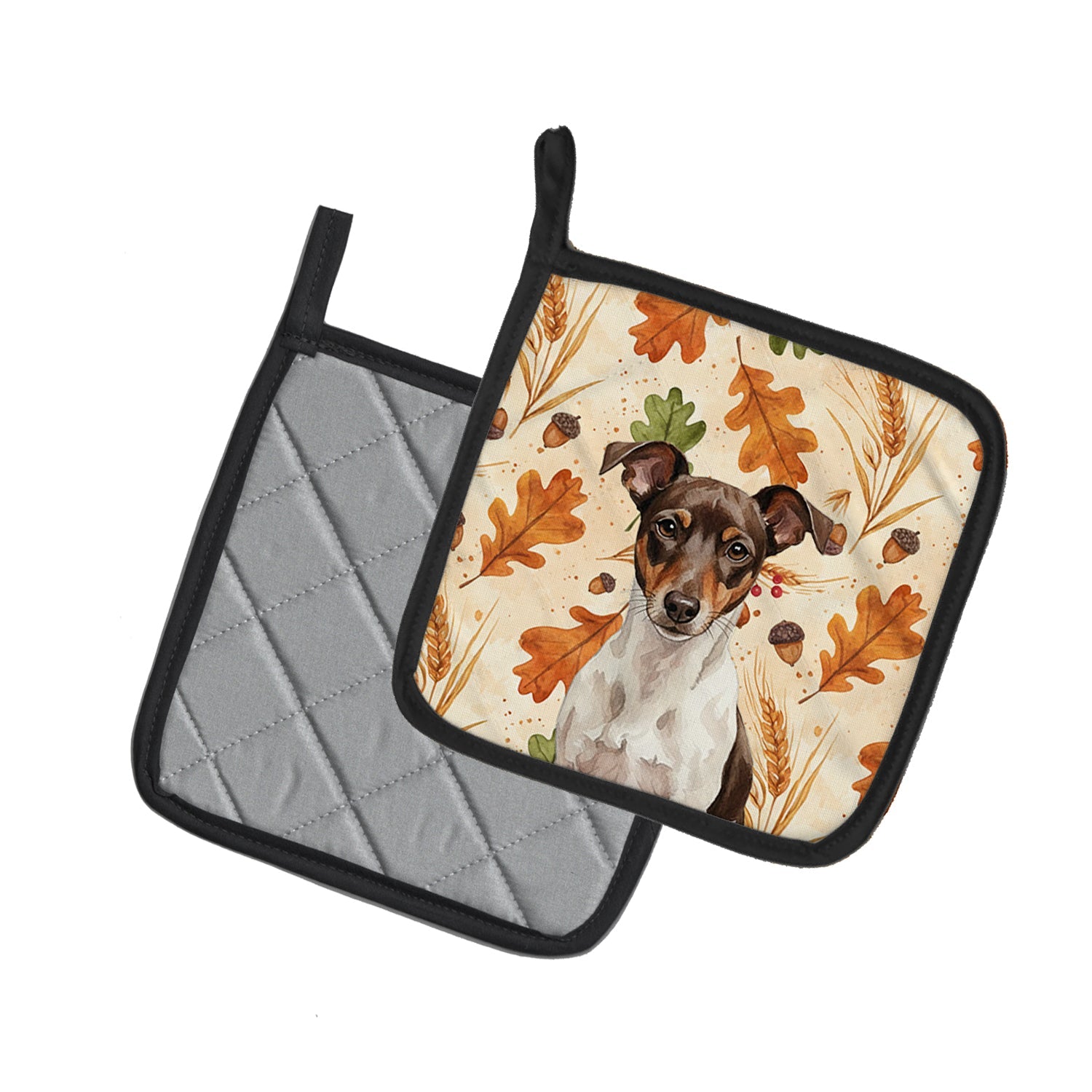 Chocolate and White Rat Terrier Heirloom Fall Pot Holder Set of 2 Heat Resistant Quilted Hot Pads 7.5 x 7.5 Inch, Insulated Kitchen Trivets for Cooking & Baking