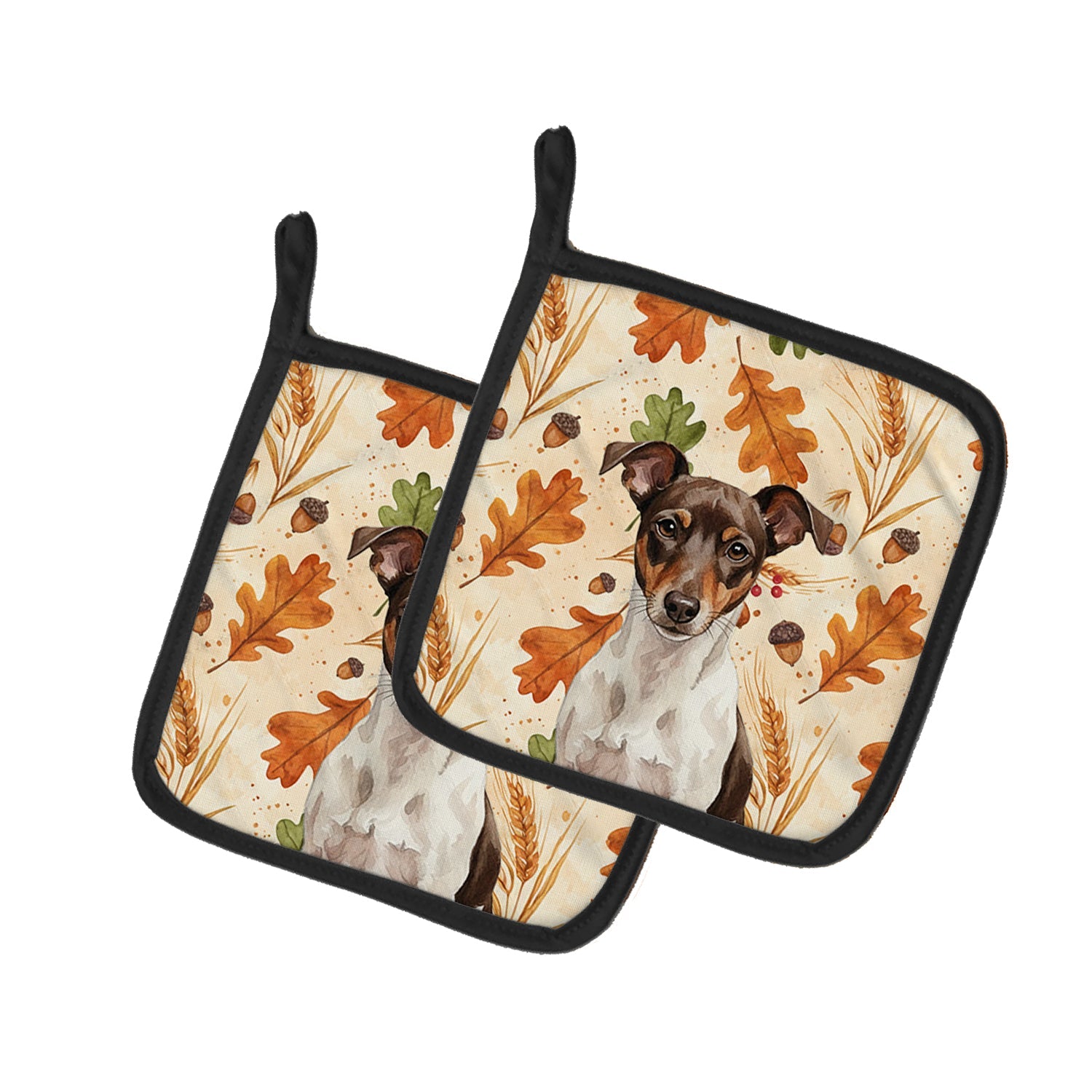 Chocolate and White Rat Terrier Heirloom Fall Pot Holder Set of 2 Heat Resistant Quilted Hot Pads 7.5 x 7.5 Inch, Insulated Kitchen Trivets for Cooking & Baking