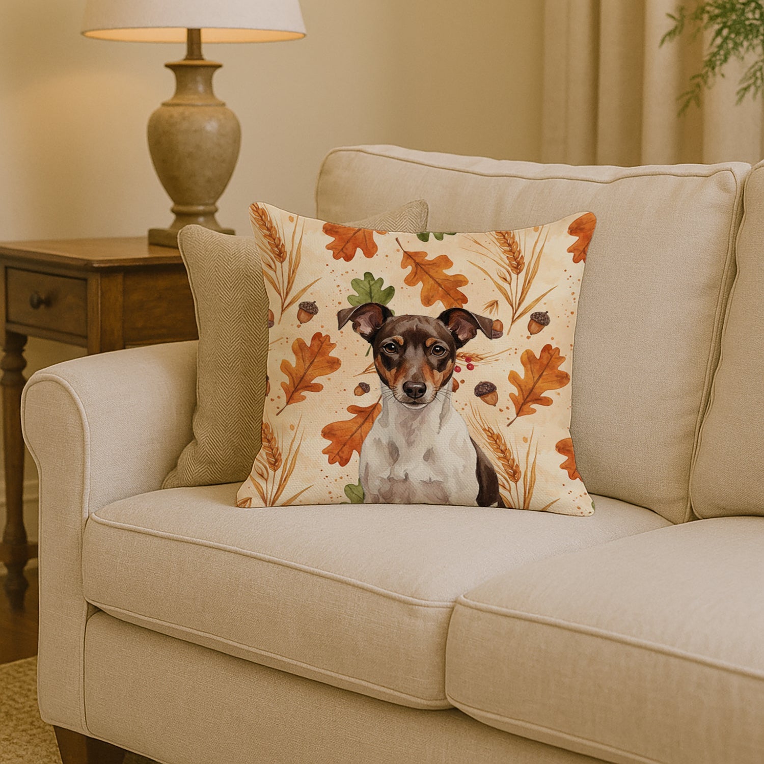 Chocolate and White Rat Terrier Heirloom Fall Decorative Throw Pillow 14x14 Indoor Outdoor Accent Cushion, Fabric Cover with Insert for Sofa, Bed, Porch & Living Room
