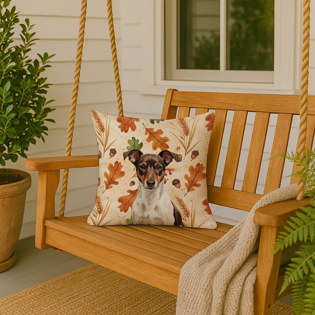 Chocolate and White Rat Terrier Heirloom Fall Decorative Throw Pillow 18x18 Indoor Outdoor Accent Cushion, Fabric Cover with Insert for Sofa, Bed, Porch & Living Room