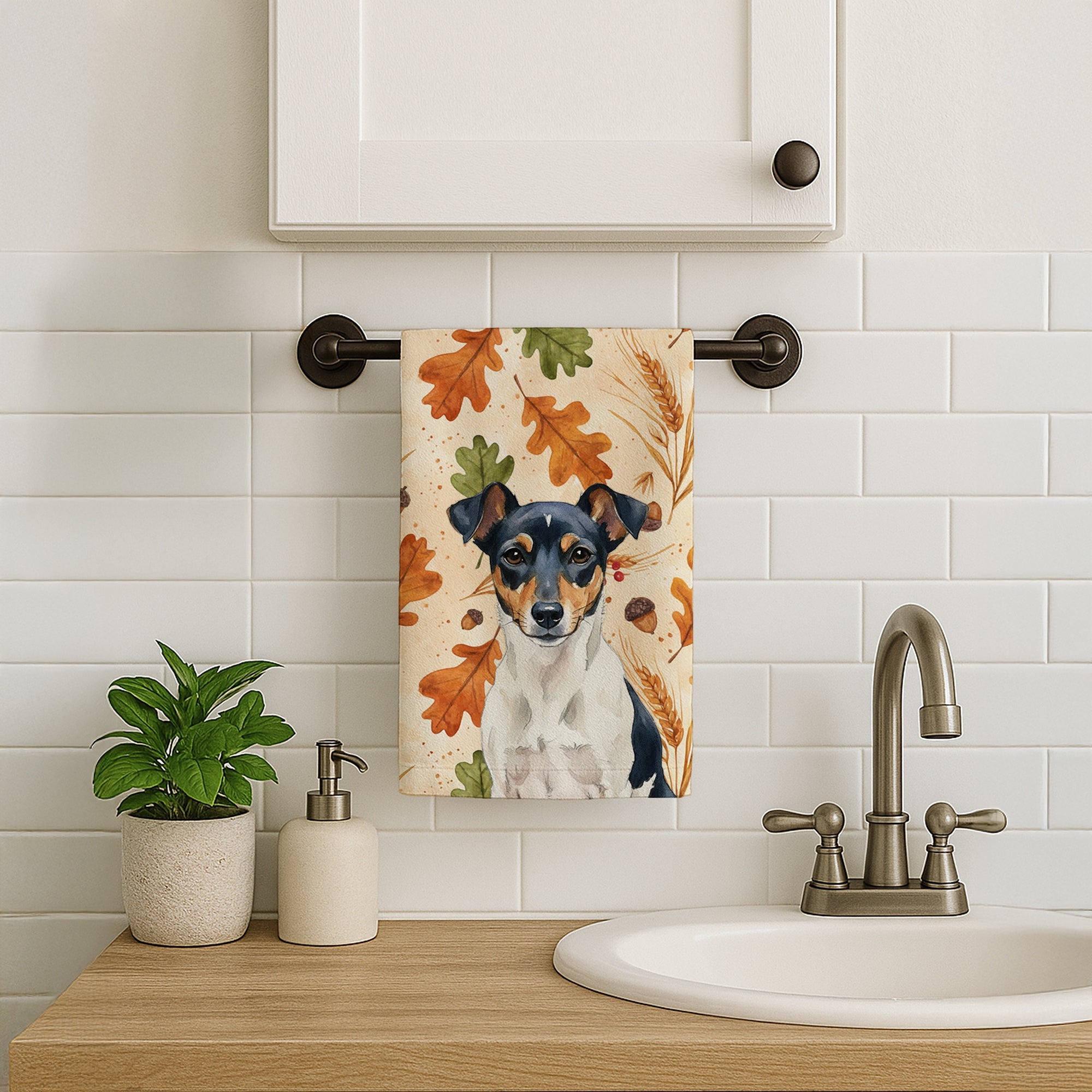 Tricolor Rat Terrier Heirloom Fall Kitchen Towel Velour Plush Front and Cotton Loop Back Machine Washable