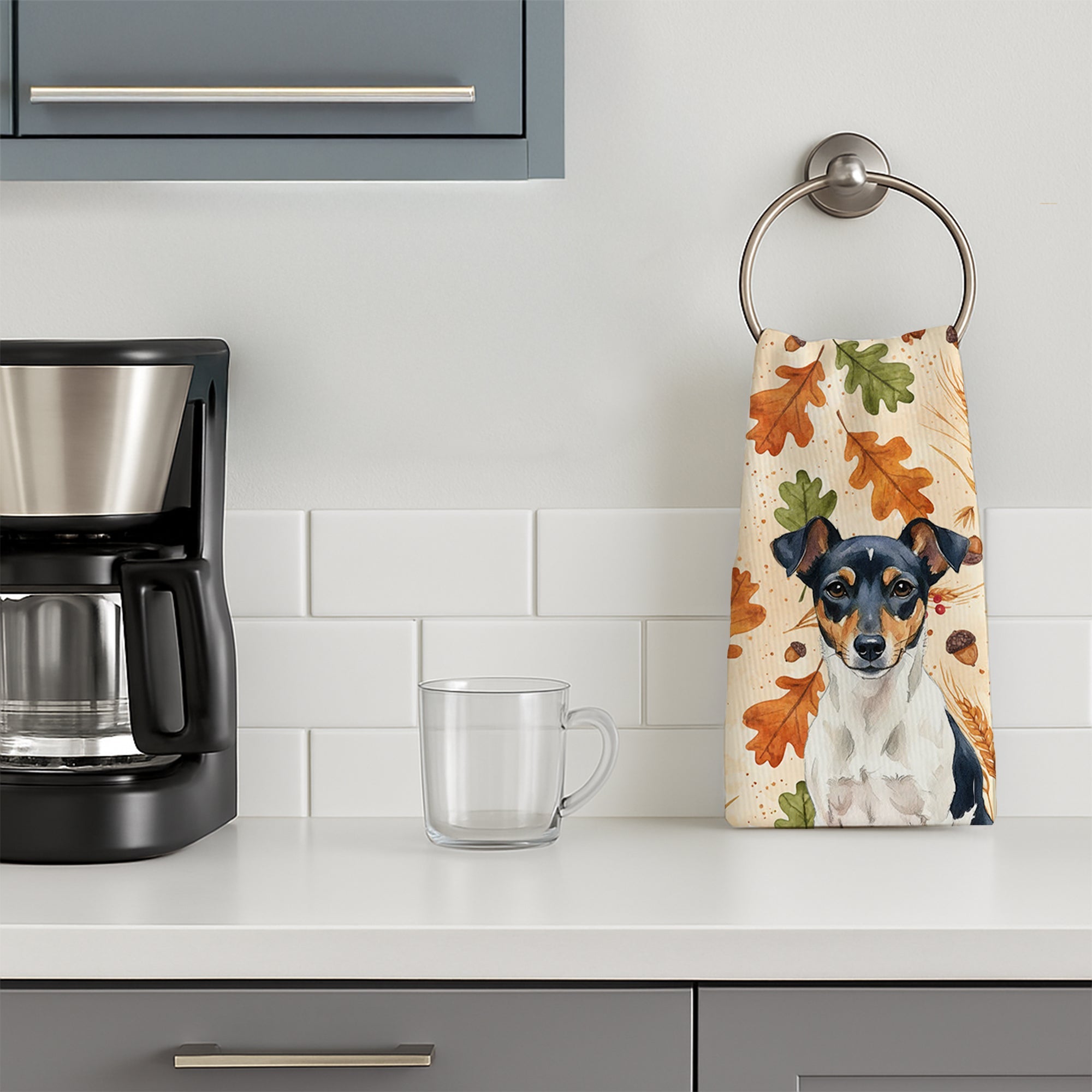 Tricolor Rat Terrier Heirloom Fall Kitchen Towel Velour Plush Front and Cotton Loop Back Machine Washable
