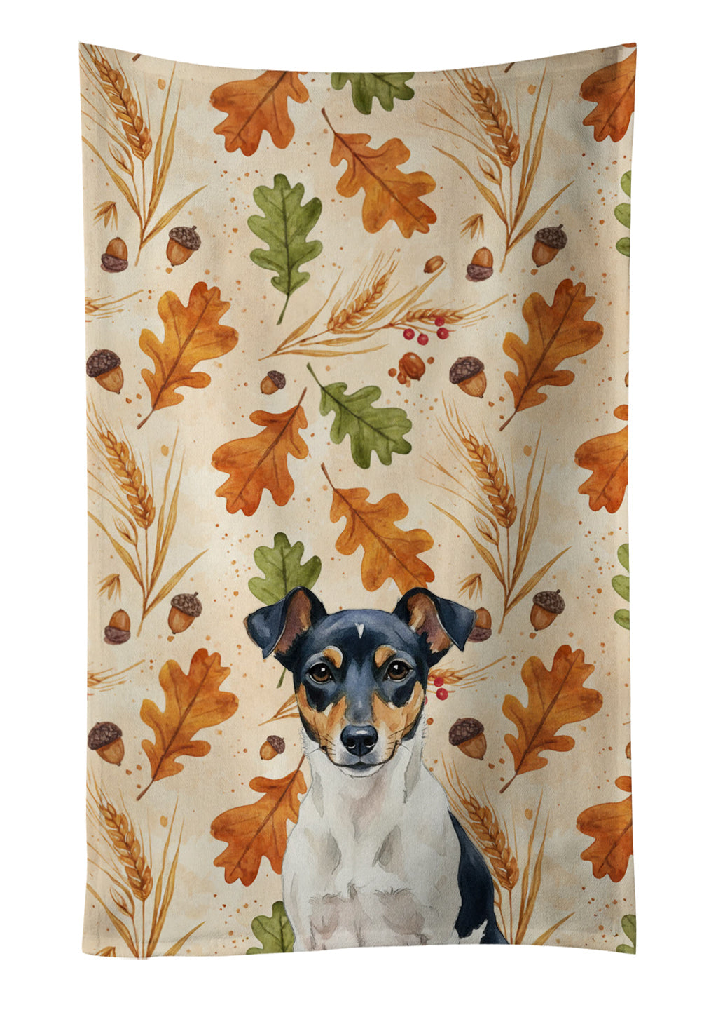 Tricolor Rat Terrier Heirloom Fall Kitchen Towel Velour Plush Front and Cotton Loop Back Machine Washable