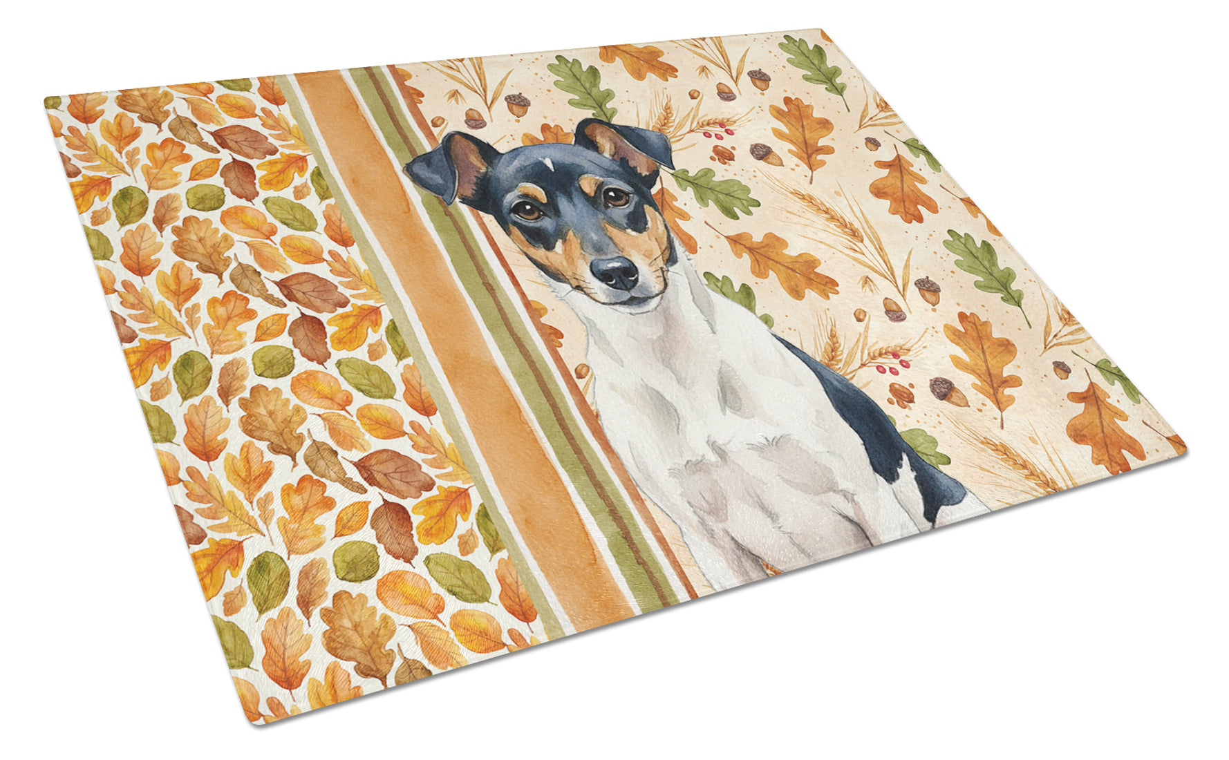 Tricolor Rat Terrier Heirloom Fall Cutting Board Tempered Glass Kitchen Cutting Surface, Heat Resistant Chopping, Non-Slip Feet, Food Prep & Serving