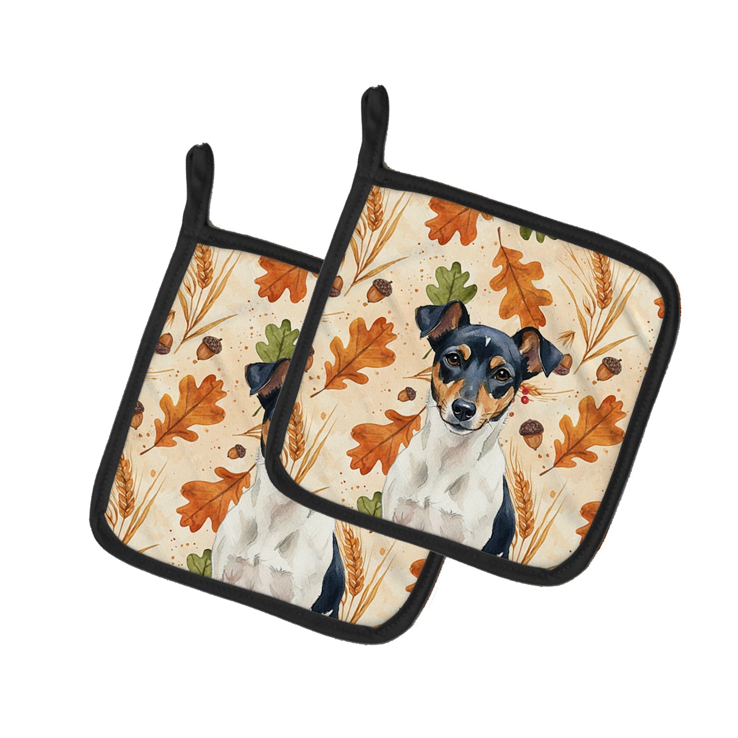 Tricolor Rat Terrier Heirloom Fall Pot Holder Set of 2 Heat Resistant Quilted Hot Pads 7.5 x 7.5 Inch, Insulated Kitchen Trivets for Cooking & Baking