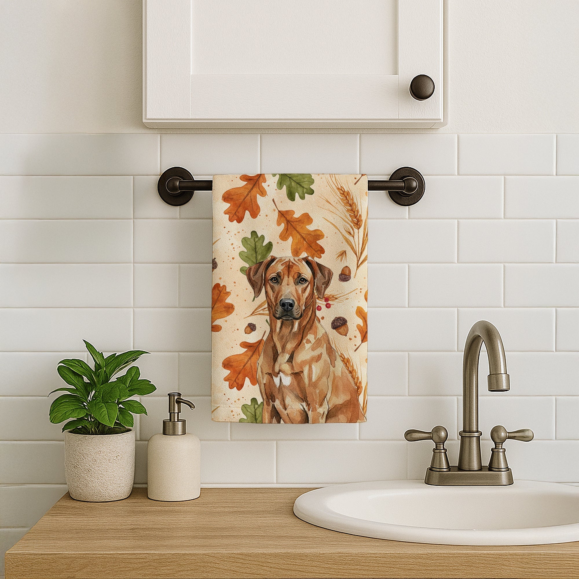 Rhodesian Ridgeback Heirloom Fall Kitchen Towel Velour Plush Front and Cotton Loop Back Machine Washable