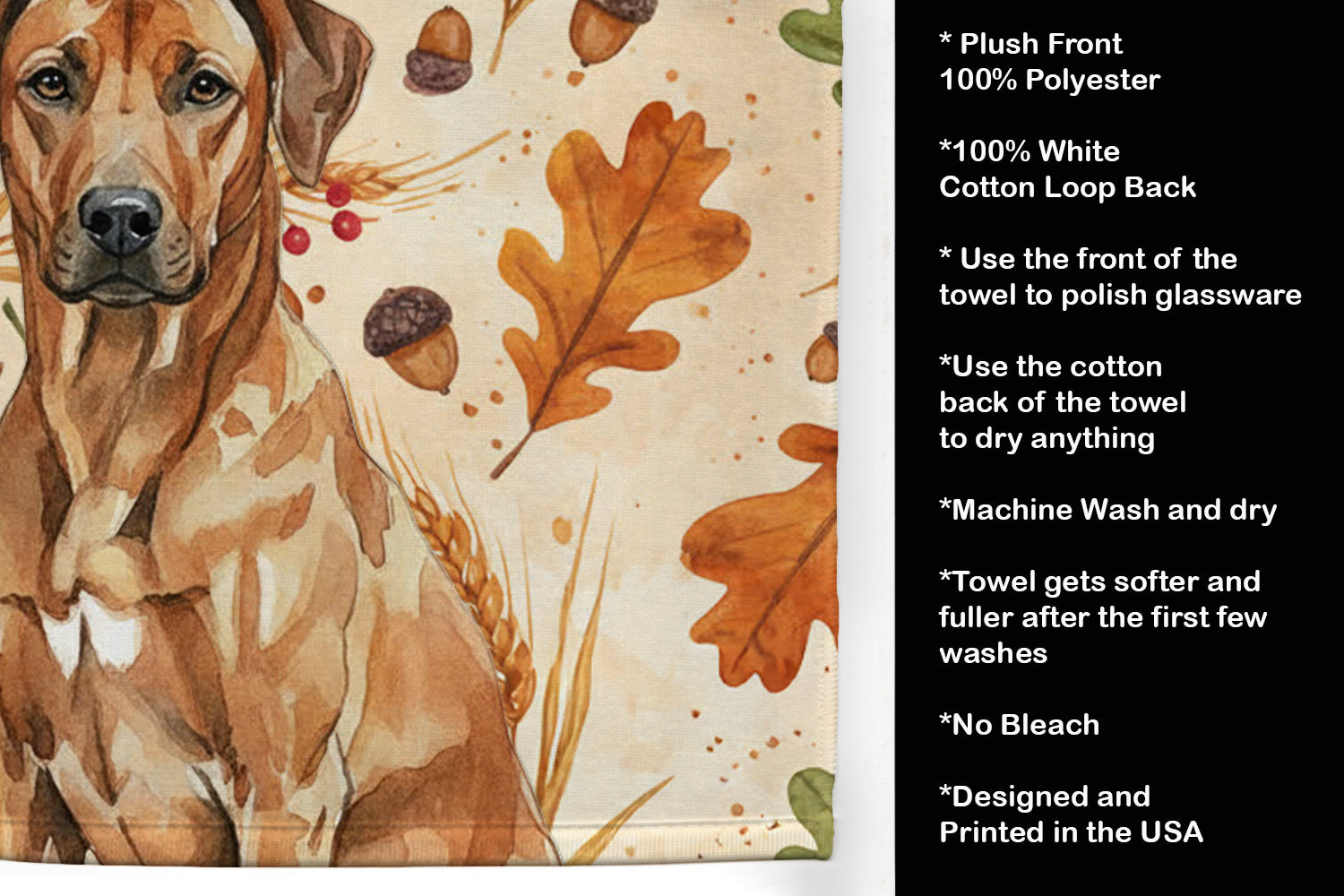 Rhodesian Ridgeback Heirloom Fall Kitchen Towel Velour Plush Front and Cotton Loop Back Machine Washable
