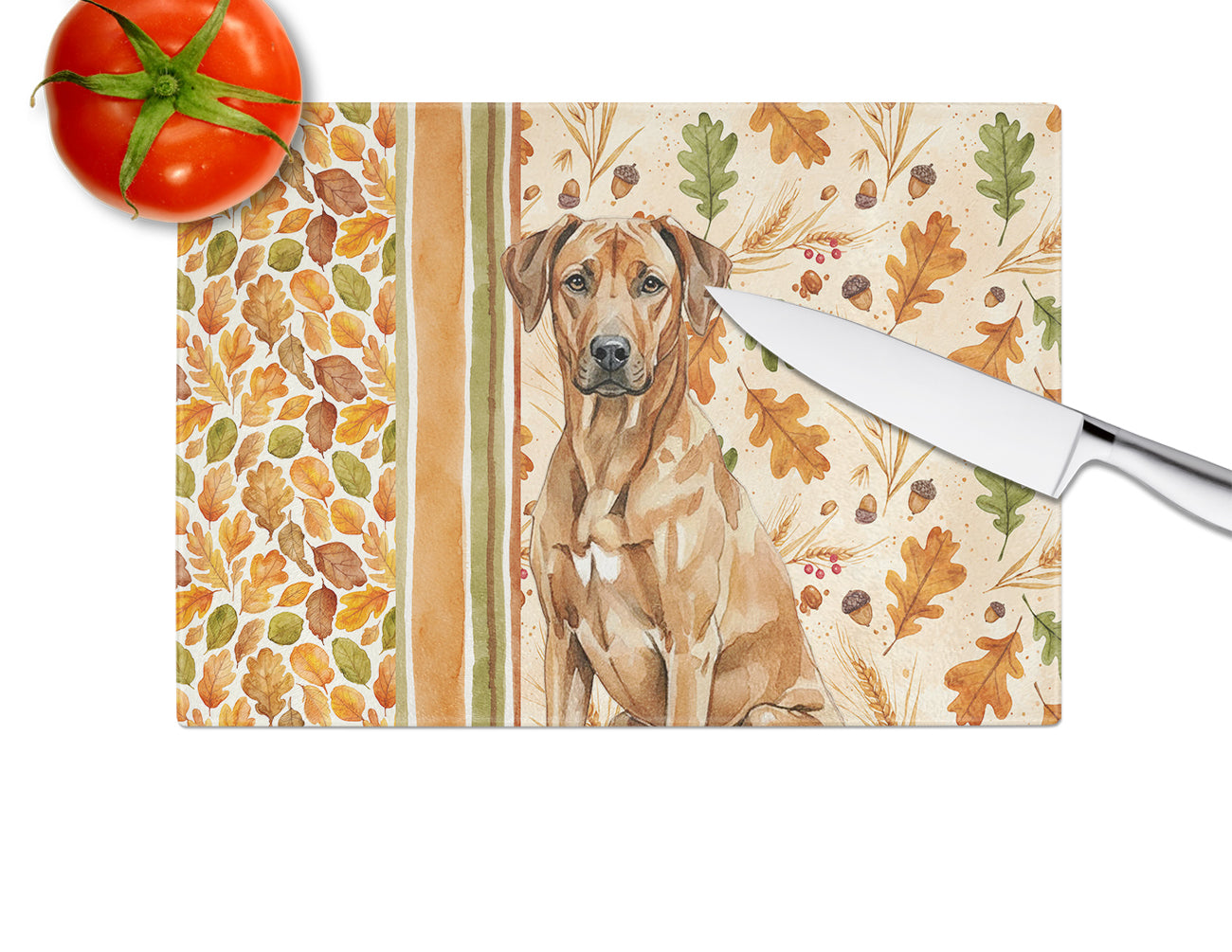 Rhodesian Ridgeback Heirloom Fall Cutting Board Tempered Glass Kitchen Cutting Surface, Heat Resistant Chopping, Non-Slip Feet, Food Prep & Serving