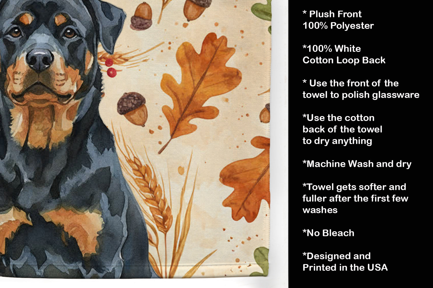 Rottweiler Heirloom Fall Kitchen Towel Velour Plush Front and Cotton Loop Back Machine Washable