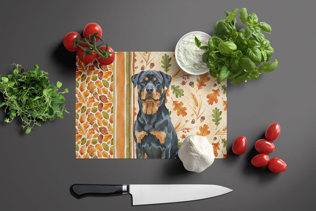 Rottweiler Heirloom Fall Cutting Board Tempered Glass Kitchen Cutting Surface, Heat Resistant Chopping, Non-Slip Feet, Food Prep & Serving