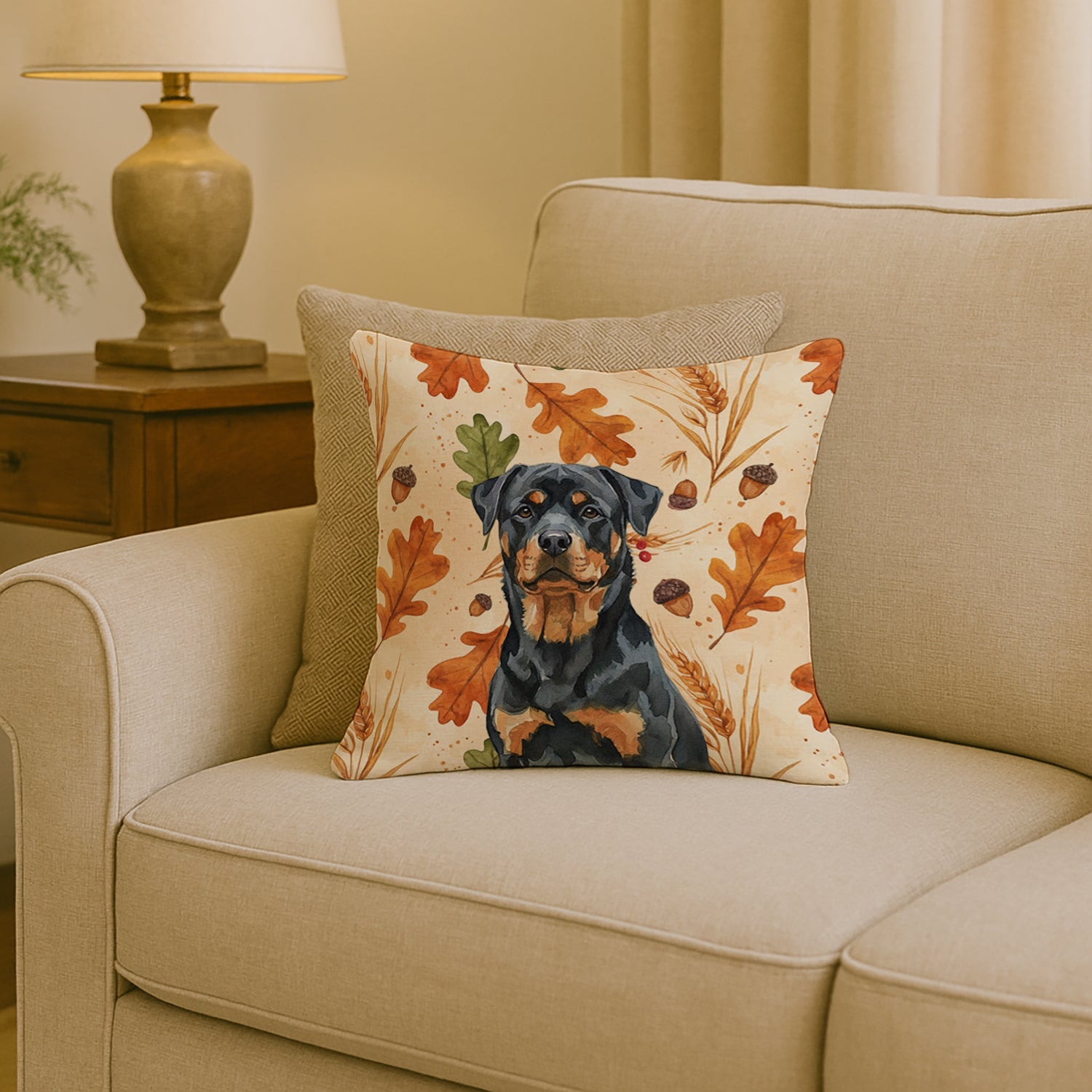 Rottweiler Heirloom Fall Decorative Throw Pillow 18x18 Indoor Outdoor Accent Cushion, Fabric Cover with Insert for Sofa, Bed, Porch & Living Room