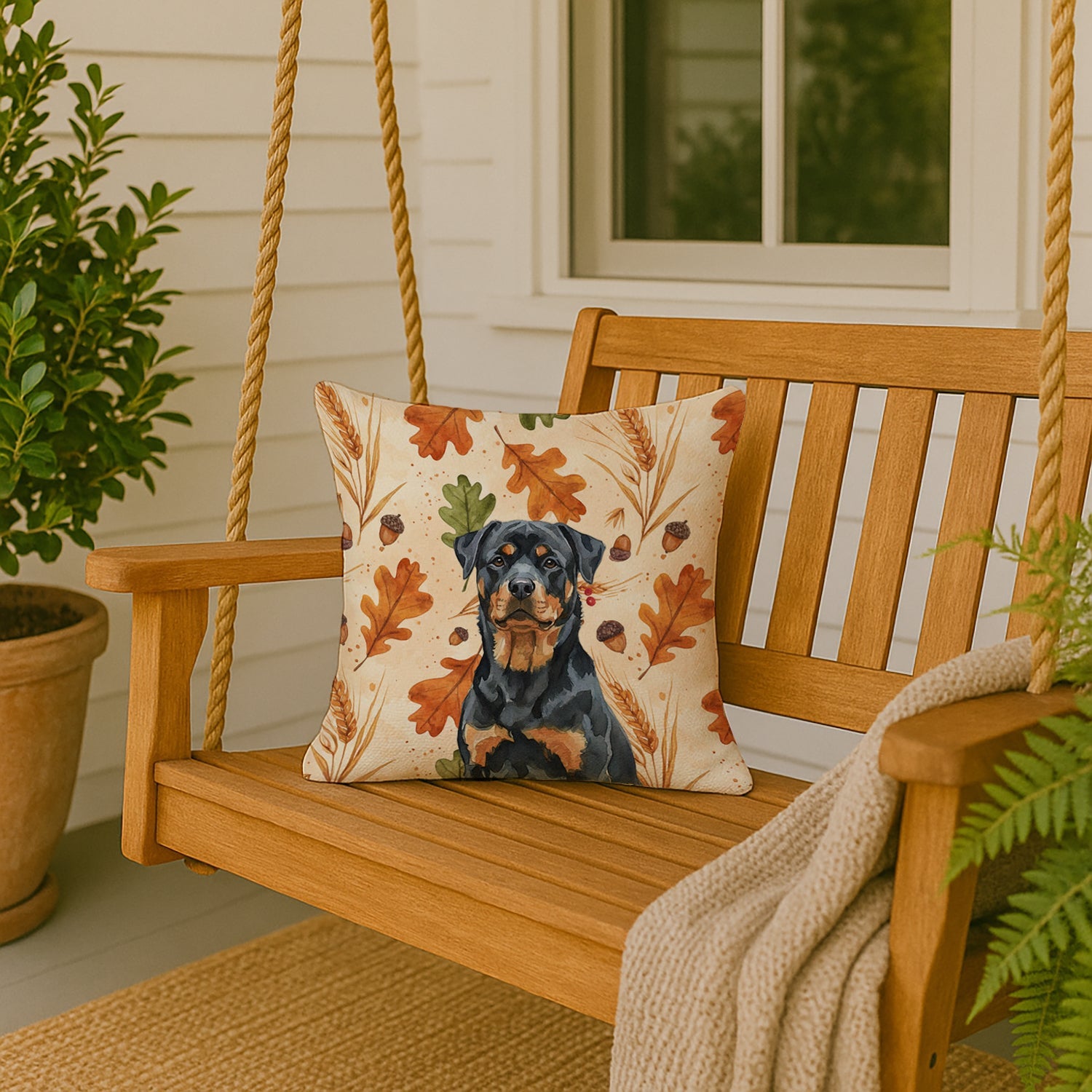 Rottweiler Heirloom Fall Decorative Throw Pillow 18x18 Indoor Outdoor Accent Cushion, Fabric Cover with Insert for Sofa, Bed, Porch & Living Room