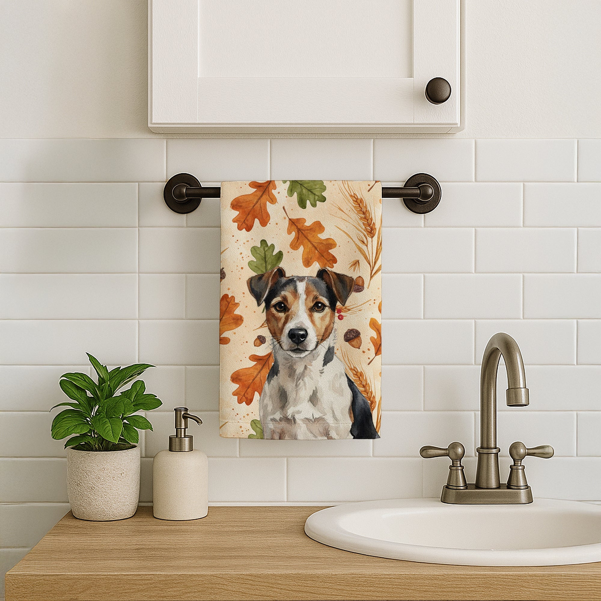 Tricolor Russell Terrier Heirloom Fall Kitchen Towel Velour Plush Front and Cotton Loop Back Machine Washable