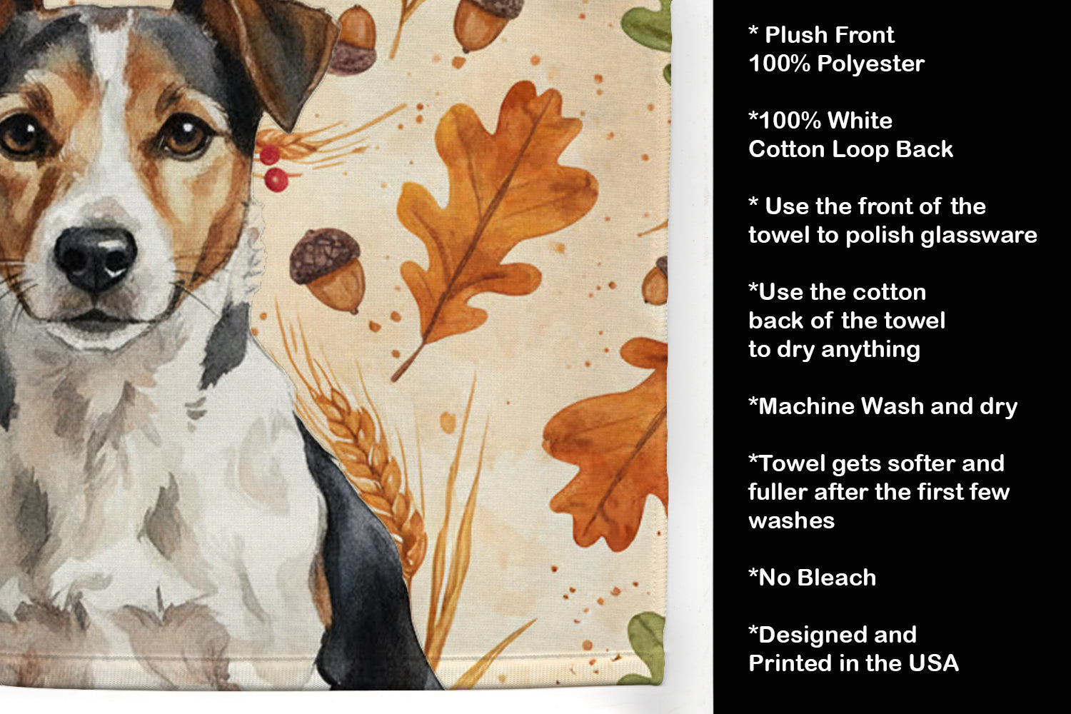 Tricolor Russell Terrier Heirloom Fall Kitchen Towel Velour Plush Front and Cotton Loop Back Machine Washable