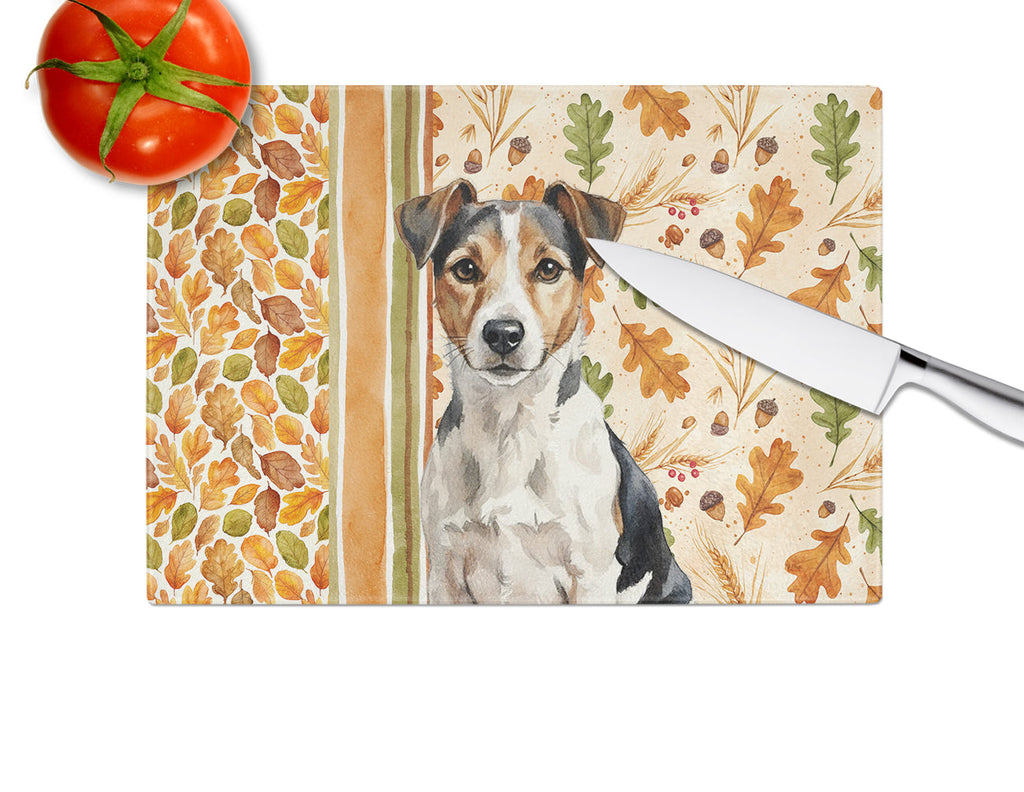 Tricolor Russell Terrier Heirloom Fall Cutting Board Tempered Glass Kitchen Cutting Surface, Heat Resistant Chopping, Non-Slip Feet, Food Prep & Serving