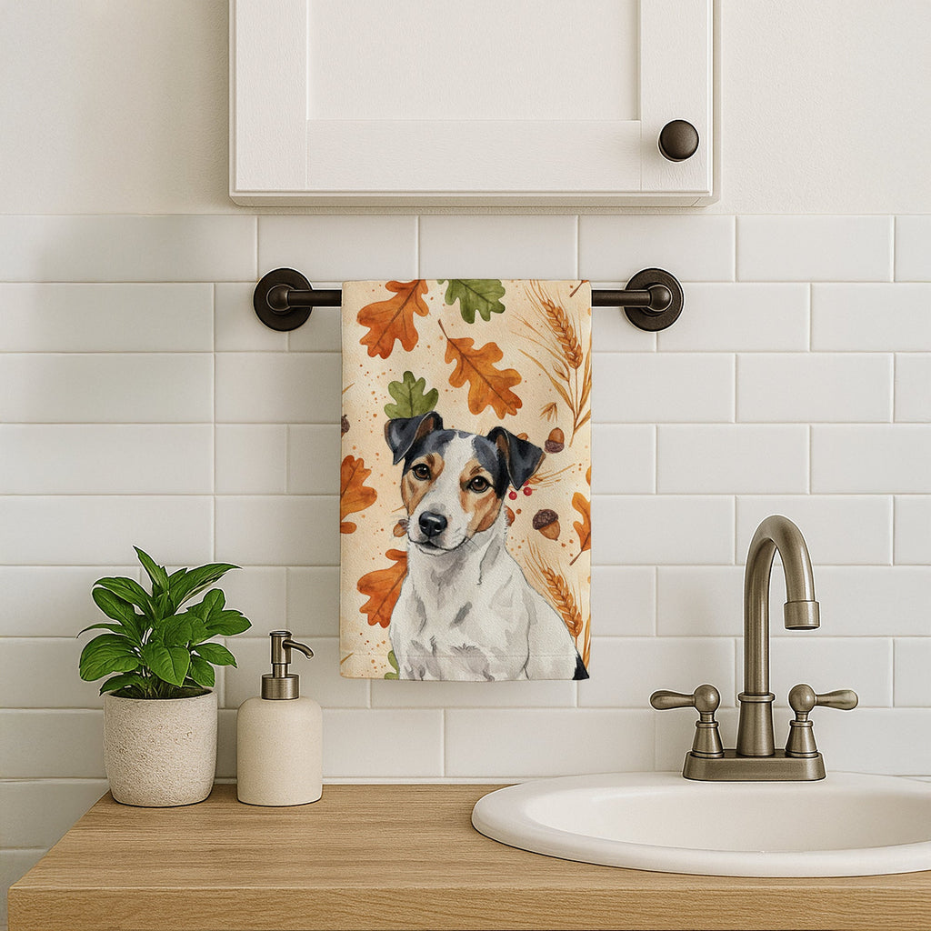 White with Black Markings Russell Terrier Heirloom Fall Kitchen Towel Velour Plush Front and Cotton Loop Back Machine Washable