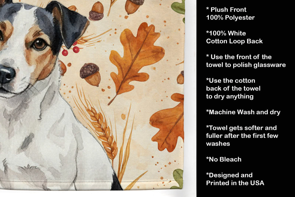 White with Black Markings Russell Terrier Heirloom Fall Kitchen Towel Velour Plush Front and Cotton Loop Back Machine Washable