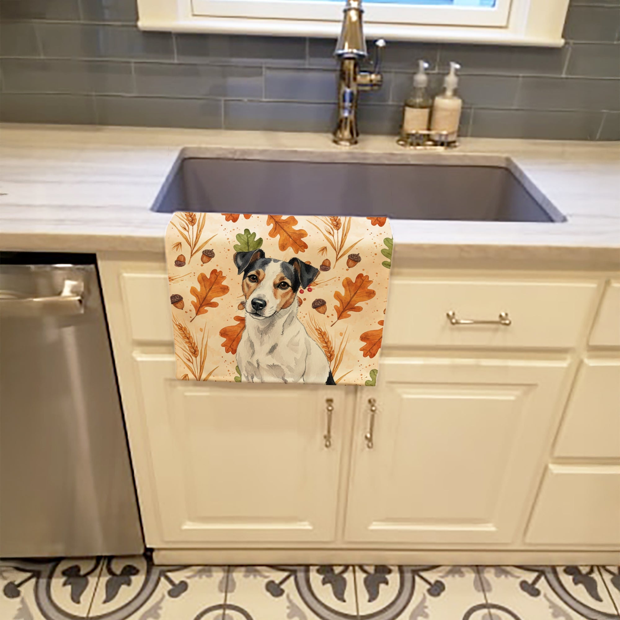 White with Black Markings Russell Terrier Heirloom Fall Kitchen Towel Velour Plush Front and Cotton Loop Back Machine Washable