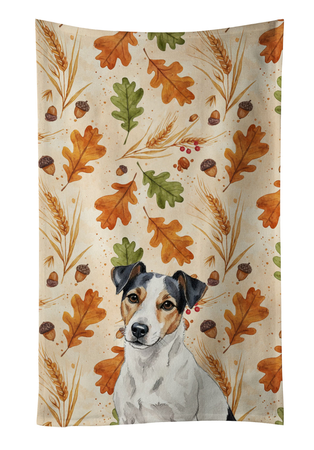 White with Black Markings Russell Terrier Heirloom Fall Kitchen Towel Velour Plush Front and Cotton Loop Back Machine Washable