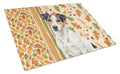 White with Black Markings Russell Terrier Heirloom Fall Cutting Board Tempered Glass Kitchen Cutting Surface, Heat Resistant Chopping, Non-Slip Feet, Food Prep & Serving
