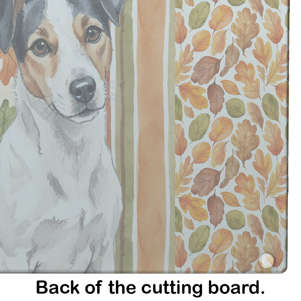 White with Black Markings Russell Terrier Heirloom Fall Cutting Board Tempered Glass Kitchen Cutting Surface, Heat Resistant Chopping, Non-Slip Feet, Food Prep & Serving