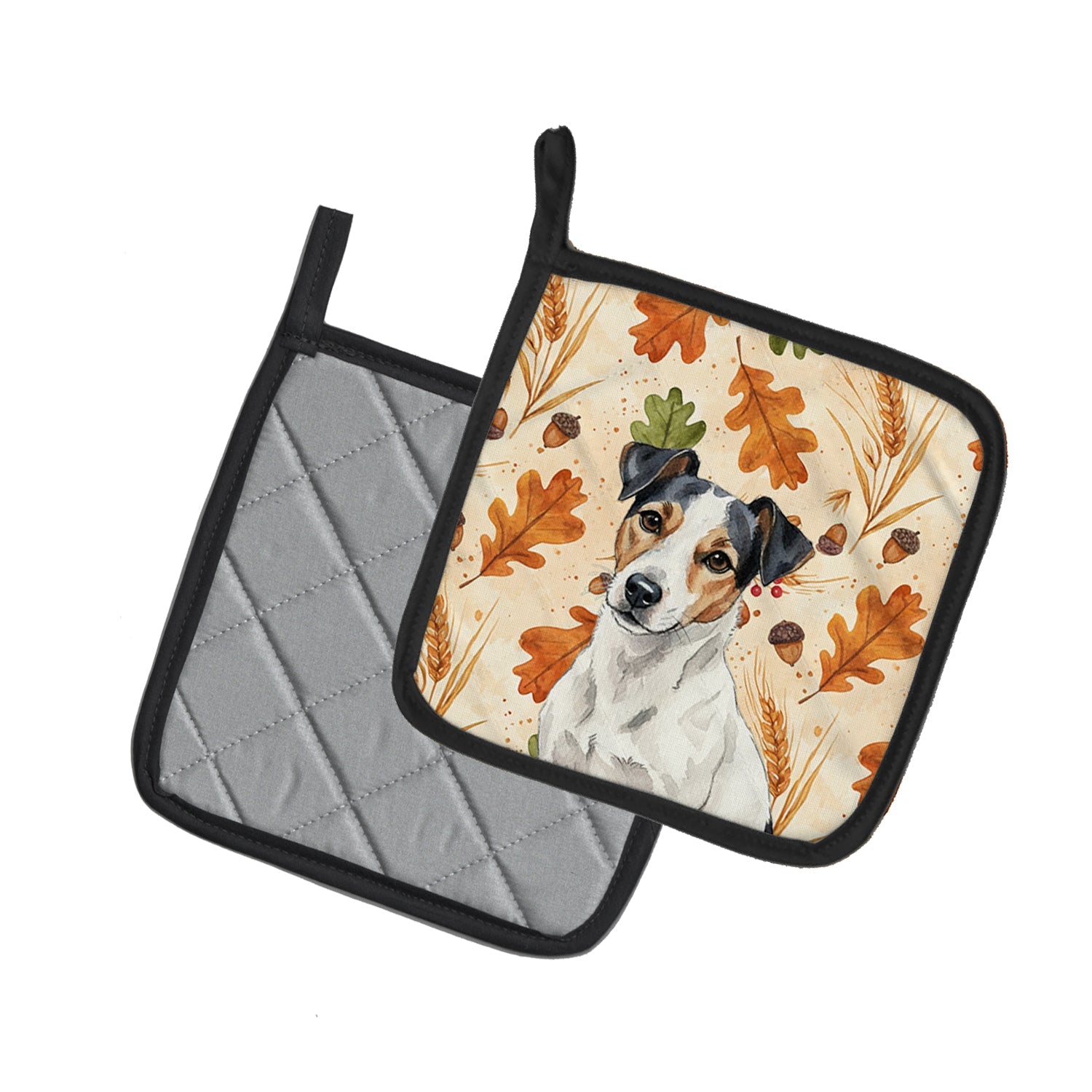 White with Black Markings Russell Terrier Heirloom Fall Pot Holder Set of 2 Heat Resistant Quilted Hot Pads 7.5 x 7.5 Inch, Insulated Kitchen Trivets for Cooking & Baking