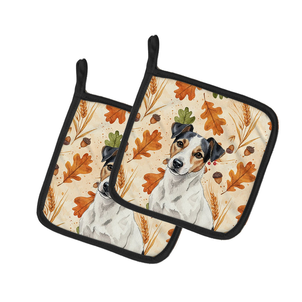 White with Black Markings Russell Terrier Heirloom Fall Pot Holder Set of 2 Heat Resistant Quilted Hot Pads 7.5 x 7.5 Inch, Insulated Kitchen Trivets for Cooking & Baking