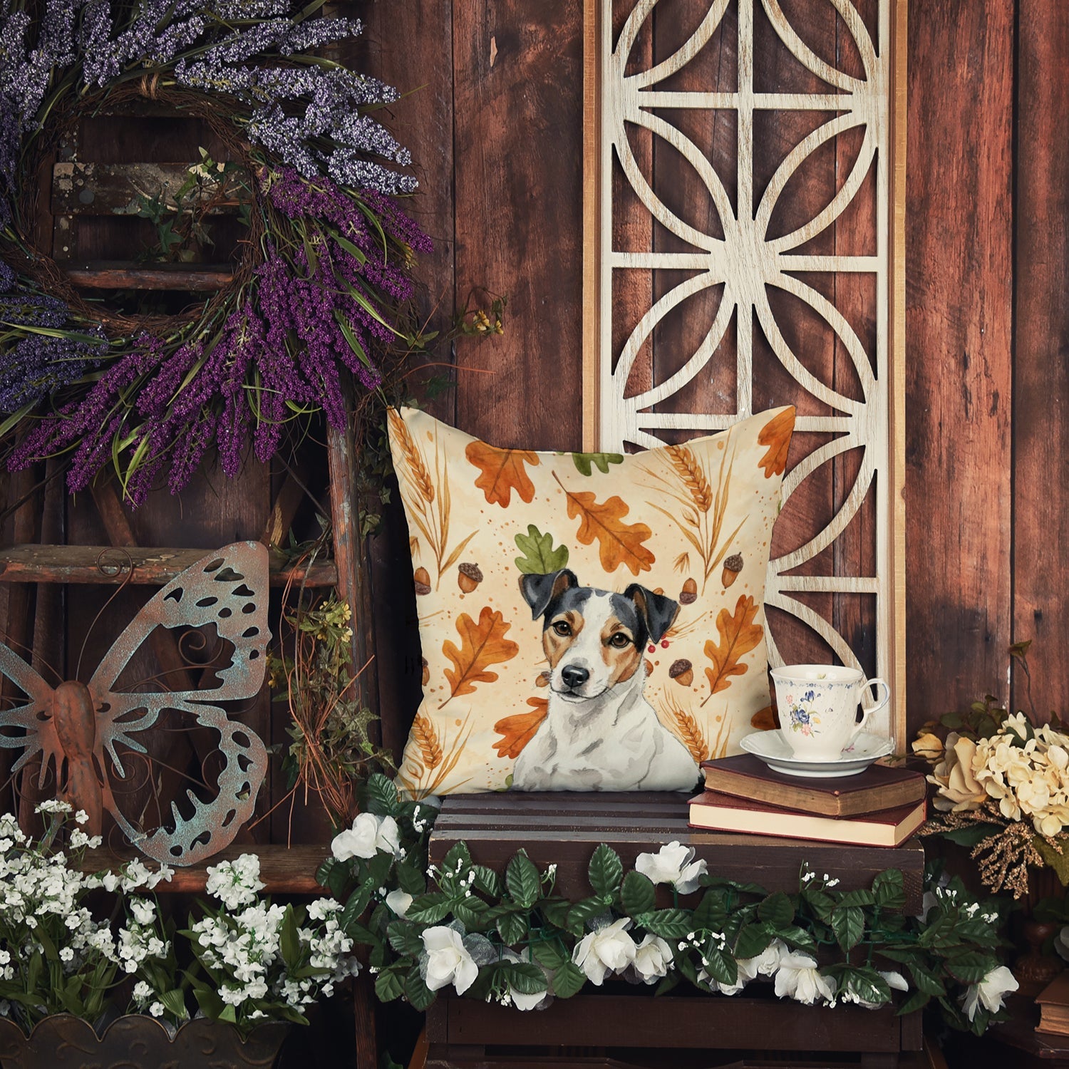 White with Black Markings Russell Terrier Heirloom Fall Decorative Throw Pillow 14x14 Indoor Outdoor Accent Cushion, Fabric Cover with Insert for Sofa, Bed, Porch & Living Room