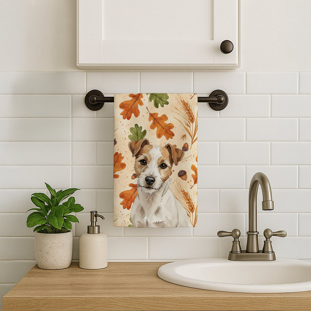 White with Tan Markings Russell Terrier Heirloom Fall Kitchen Towel Velour Plush Front and Cotton Loop Back Machine Washable