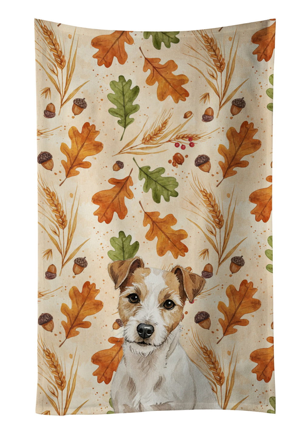 White with Tan Markings Russell Terrier Heirloom Fall Kitchen Towel Velour Plush Front and Cotton Loop Back Machine Washable