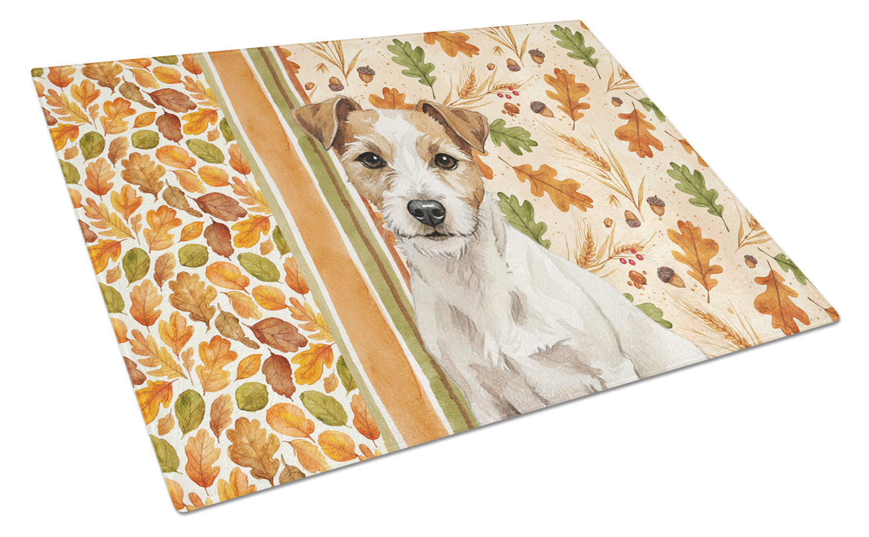 White with Tan Markings Russell Terrier Heirloom Fall Cutting Board Tempered Glass Kitchen Cutting Surface, Heat Resistant Chopping, Non-Slip Feet, Food Prep & Serving