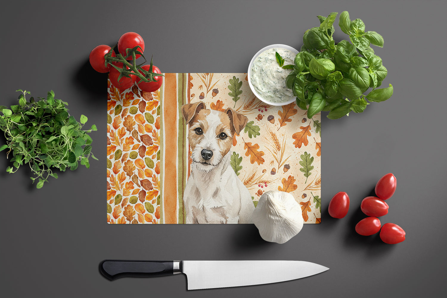 White with Tan Markings Russell Terrier Heirloom Fall Cutting Board Tempered Glass Kitchen Cutting Surface, Heat Resistant Chopping, Non-Slip Feet, Food Prep & Serving