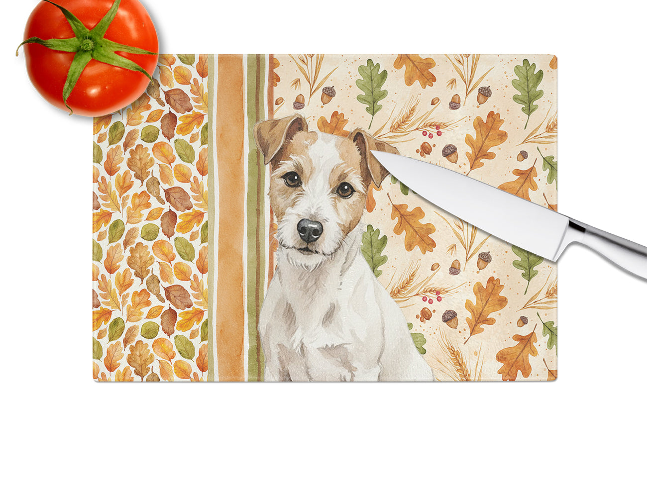 White with Tan Markings Russell Terrier Heirloom Fall Cutting Board Tempered Glass Kitchen Cutting Surface, Heat Resistant Chopping, Non-Slip Feet, Food Prep & Serving