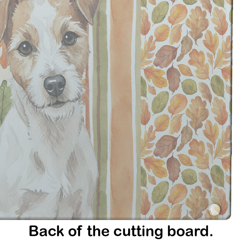 White with Tan Markings Russell Terrier Heirloom Fall Cutting Board Tempered Glass Kitchen Cutting Surface, Heat Resistant Chopping, Non-Slip Feet, Food Prep & Serving