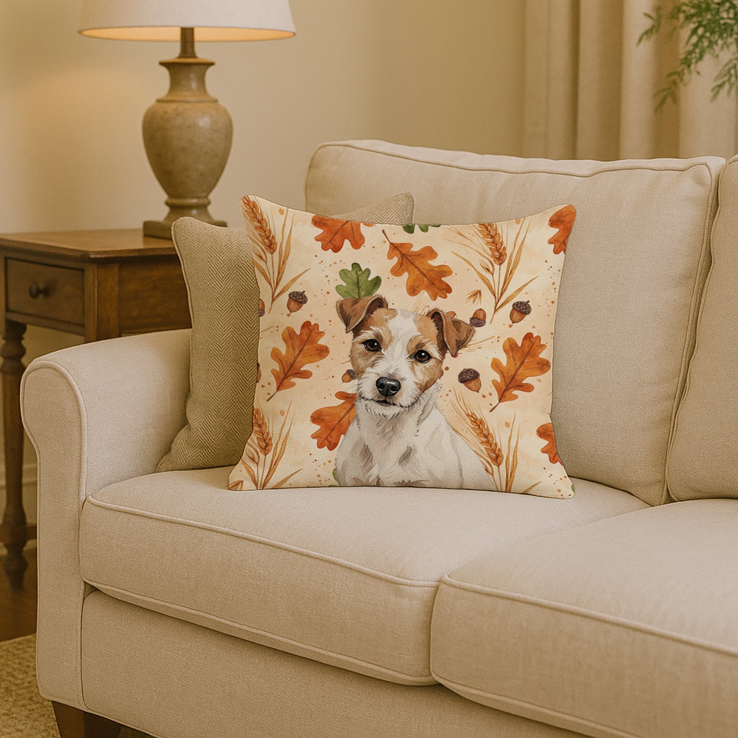 White with Tan Markings Russell Terrier Heirloom Fall Decorative Throw Pillow 14x14 Indoor Outdoor Accent Cushion, Fabric Cover with Insert for Sofa, Bed, Porch & Living Room