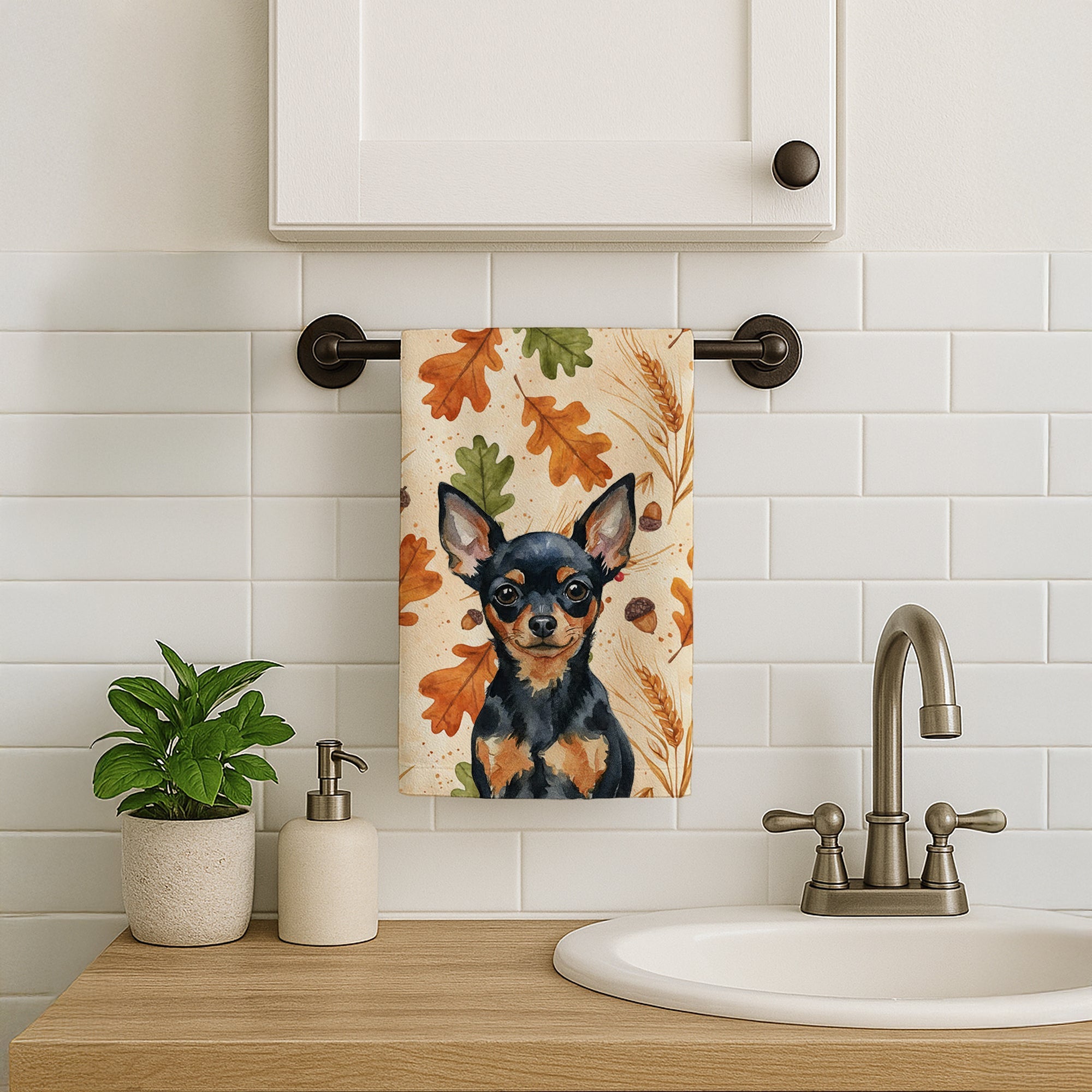 Black and Tan Russian Toy Heirloom Fall Kitchen Towel Velour Plush Front and Cotton Loop Back Machine Washable