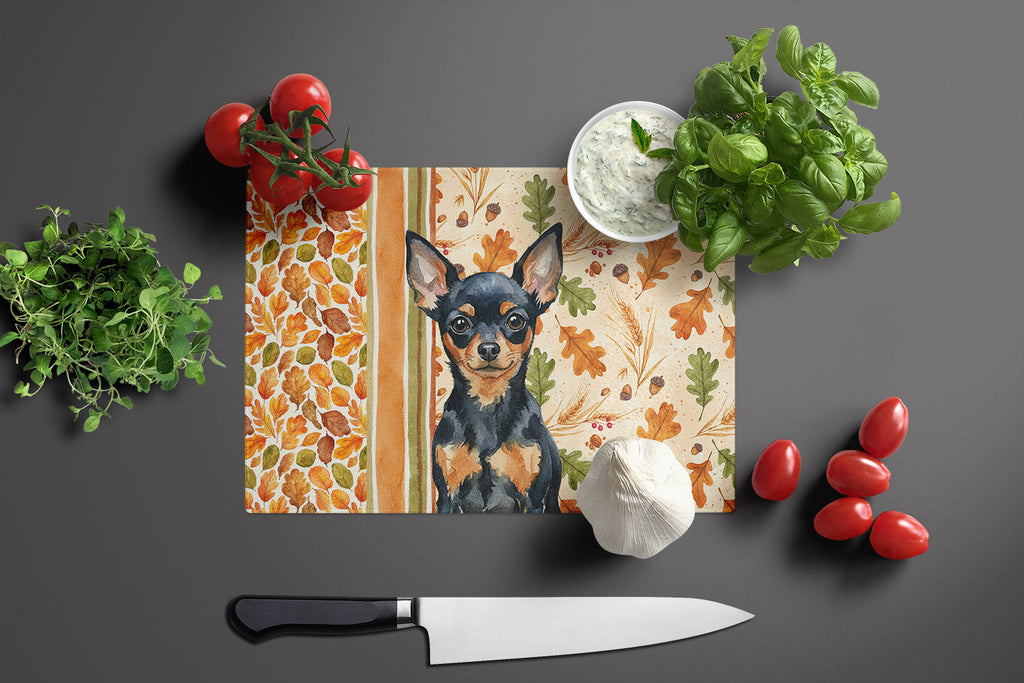 Black and Tan Russian Toy Heirloom Fall Cutting Board Tempered Glass Kitchen Cutting Surface, Heat Resistant Chopping, Non-Slip Feet, Food Prep & Serving