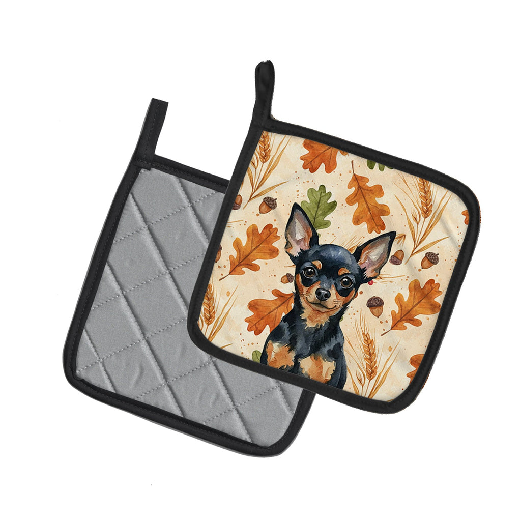 Black and Tan Russian Toy Heirloom Fall Pot Holder Set of 2 Heat Resistant Quilted Hot Pads 7.5 x 7.5 Inch, Insulated Kitchen Trivets for Cooking & Baking