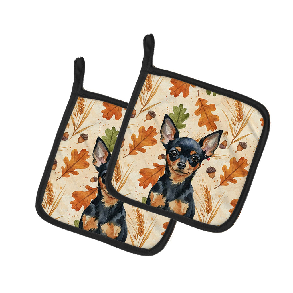 Black and Tan Russian Toy Heirloom Fall Pot Holder Set of 2 Heat Resistant Quilted Hot Pads 7.5 x 7.5 Inch, Insulated Kitchen Trivets for Cooking & Baking