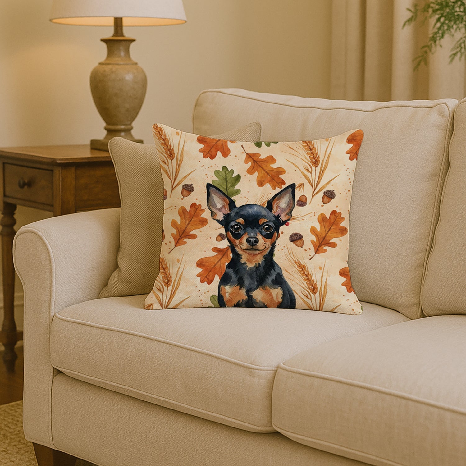 Black and Tan Russian Toy Heirloom Fall Decorative Throw Pillow 14x14 Indoor Outdoor Accent Cushion, Fabric Cover with Insert for Sofa, Bed, Porch & Living Room