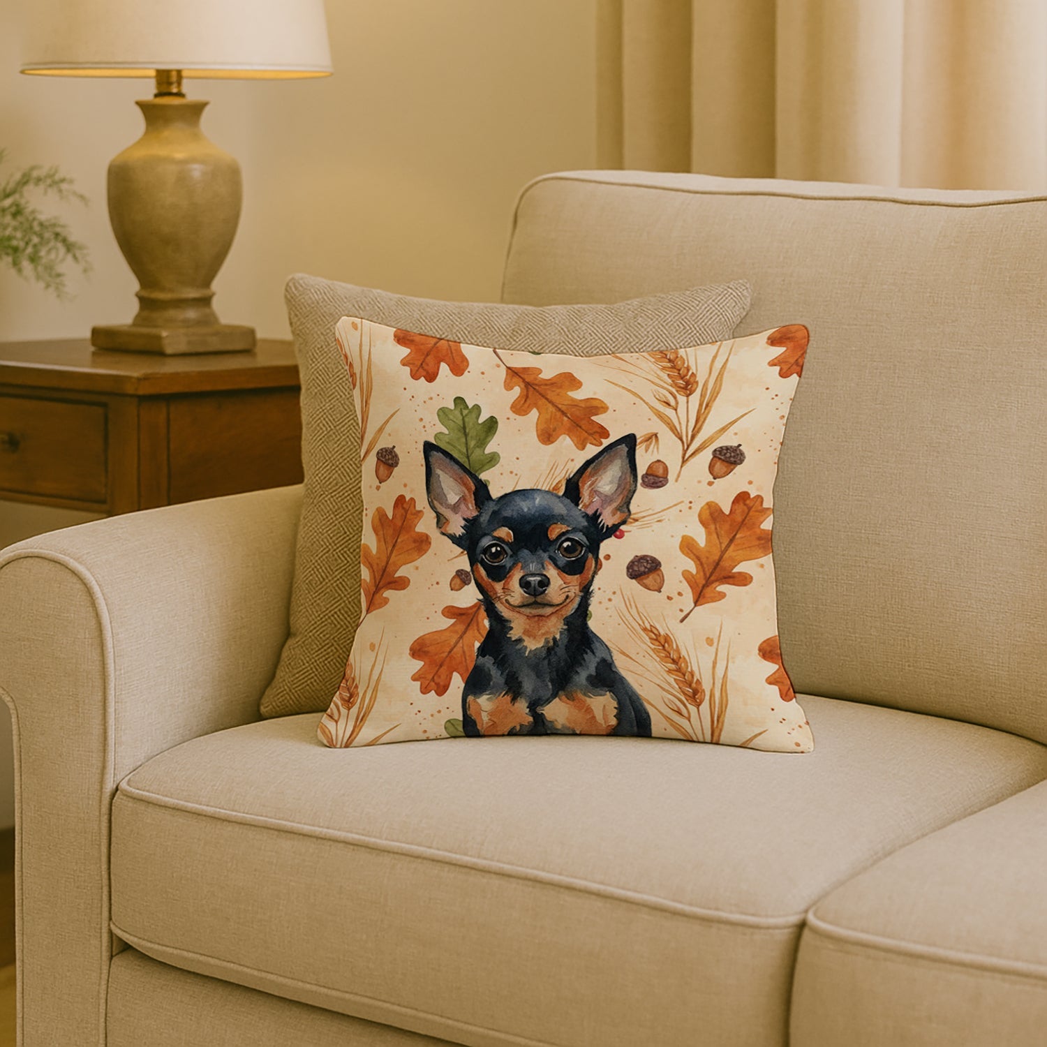 Black and Tan Russian Toy Heirloom Fall Decorative Throw Pillow 18x18 Indoor Outdoor Accent Cushion, Fabric Cover with Insert for Sofa, Bed, Porch & Living Room