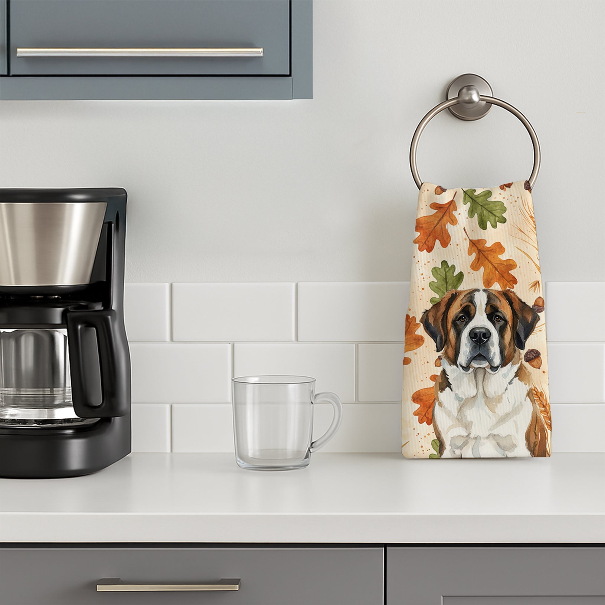 Brindle and White Saint Bernard Heirloom Fall Kitchen Towel Velour Plush Front and Cotton Loop Back Machine Washable