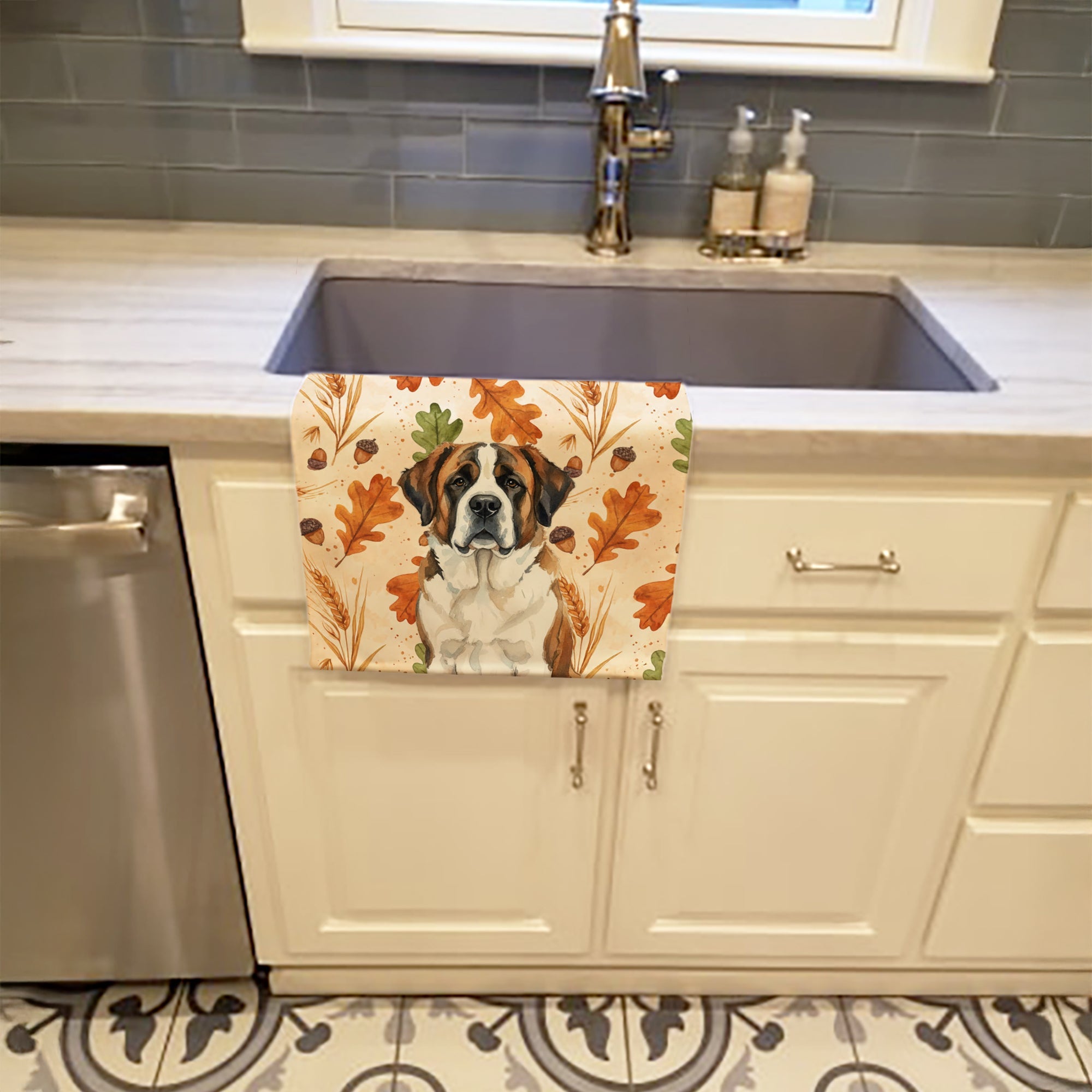 Brindle and White Saint Bernard Heirloom Fall Kitchen Towel Velour Plush Front and Cotton Loop Back Machine Washable