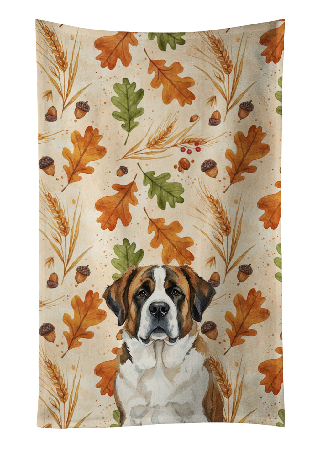 Brindle and White Saint Bernard Heirloom Fall Kitchen Towel Velour Plush Front and Cotton Loop Back Machine Washable
