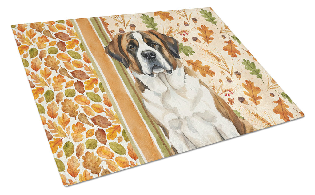 Brindle and White Saint Bernard Heirloom Fall Cutting Board Tempered Glass Kitchen Cutting Surface, Heat Resistant Chopping, Non-Slip Feet, Food Prep & Serving