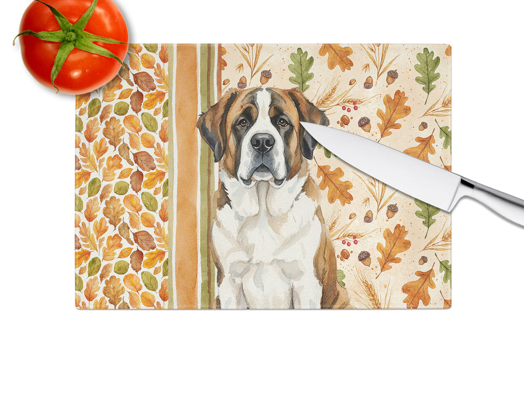 Brindle and White Saint Bernard Heirloom Fall Cutting Board Tempered Glass Kitchen Cutting Surface, Heat Resistant Chopping, Non-Slip Feet, Food Prep & Serving