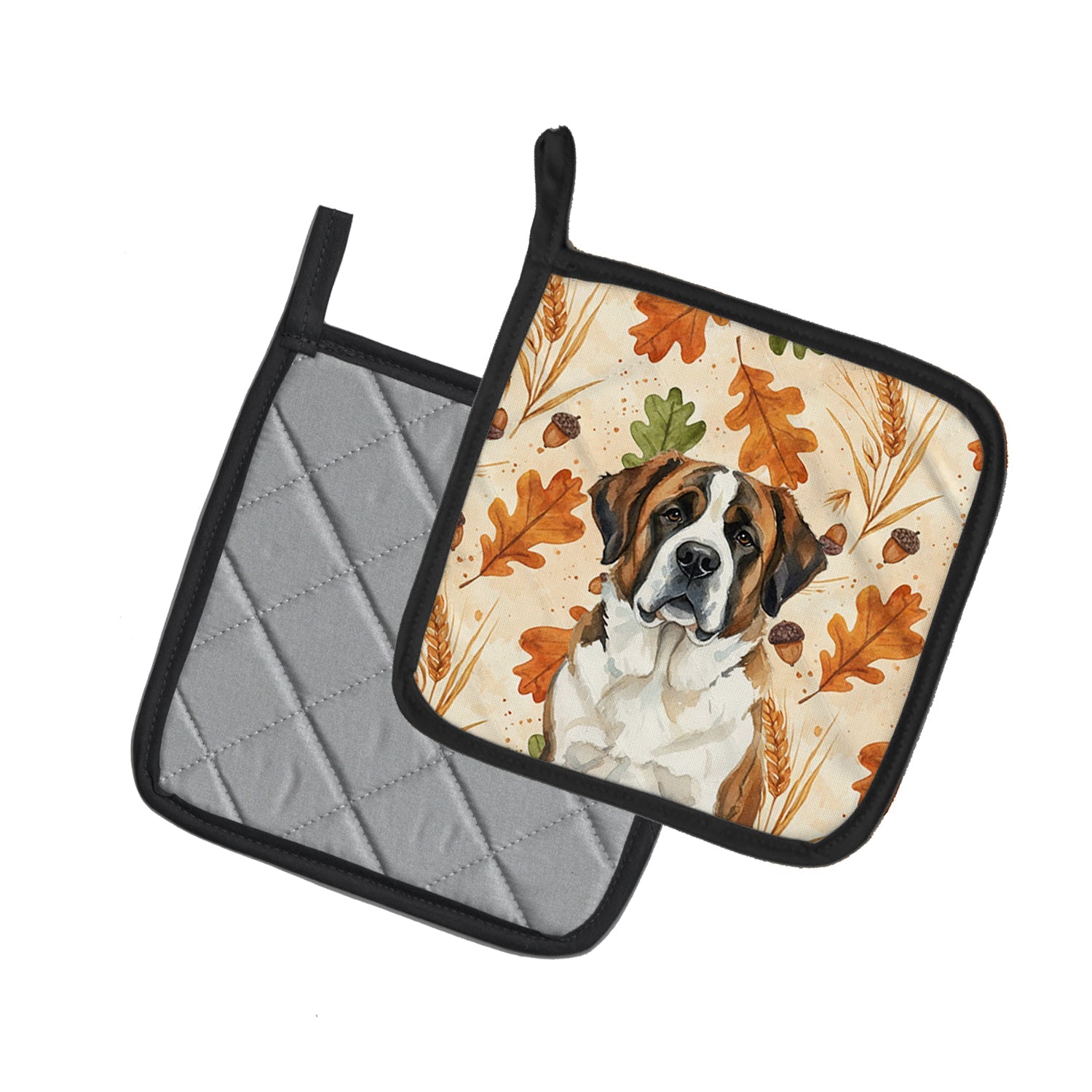 Brindle and White Saint Bernard Heirloom Fall Pot Holder Set of 2 Heat Resistant Quilted Hot Pads 7.5 x 7.5 Inch, Insulated Kitchen Trivets for Cooking & Baking