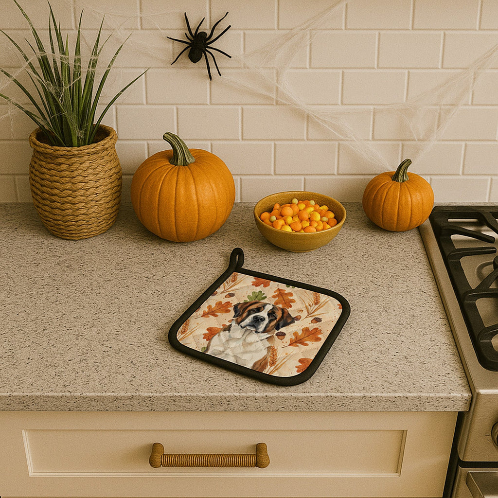 Brindle and White Saint Bernard Heirloom Fall Pot Holder Set of 2 Heat Resistant Quilted Hot Pads 7.5 x 7.5 Inch, Insulated Kitchen Trivets for Cooking & Baking