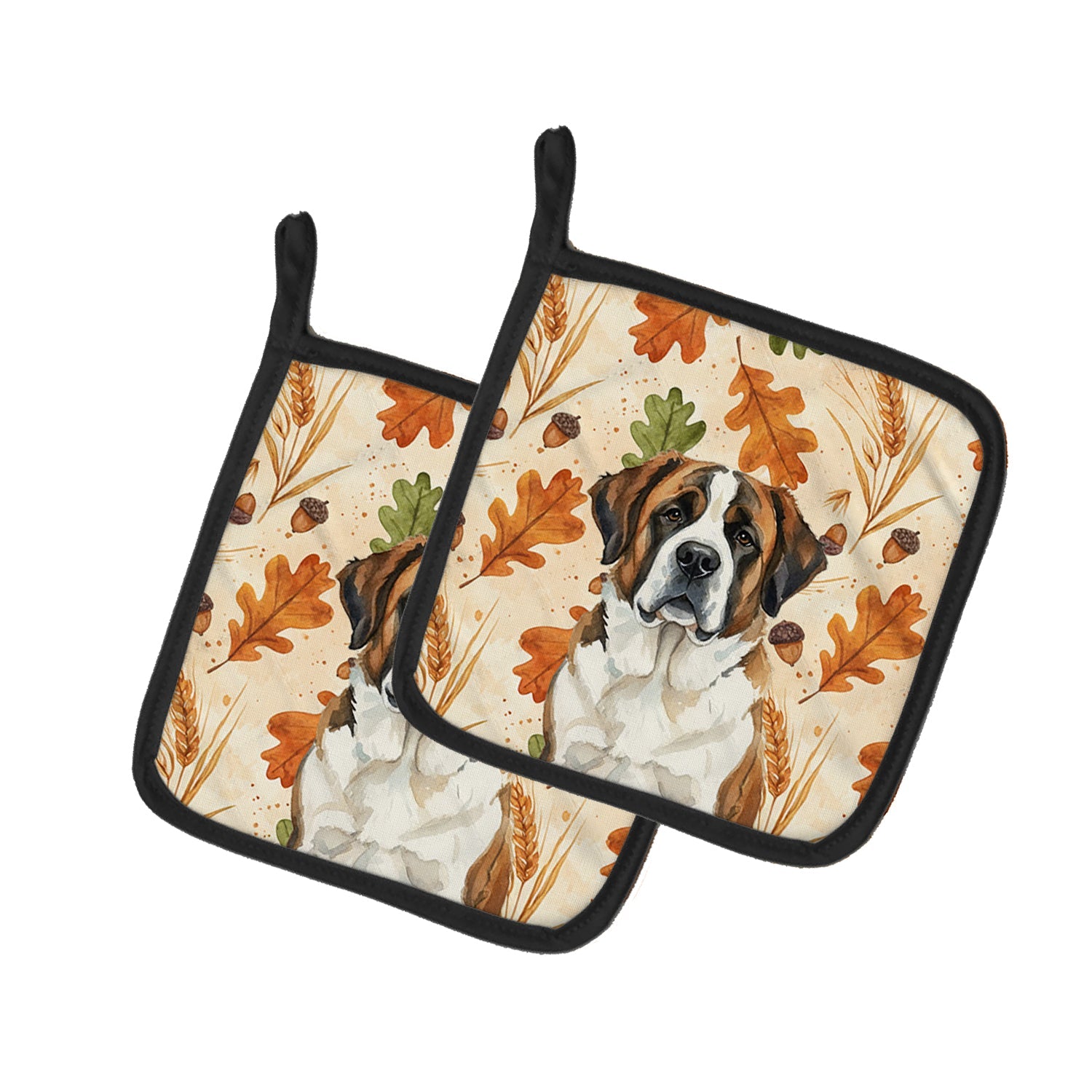 Brindle and White Saint Bernard Heirloom Fall Pot Holder Set of 2 Heat Resistant Quilted Hot Pads 7.5 x 7.5 Inch, Insulated Kitchen Trivets for Cooking & Baking